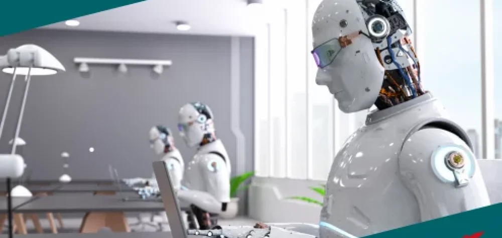 Roboter sitzen am Schreibtisch